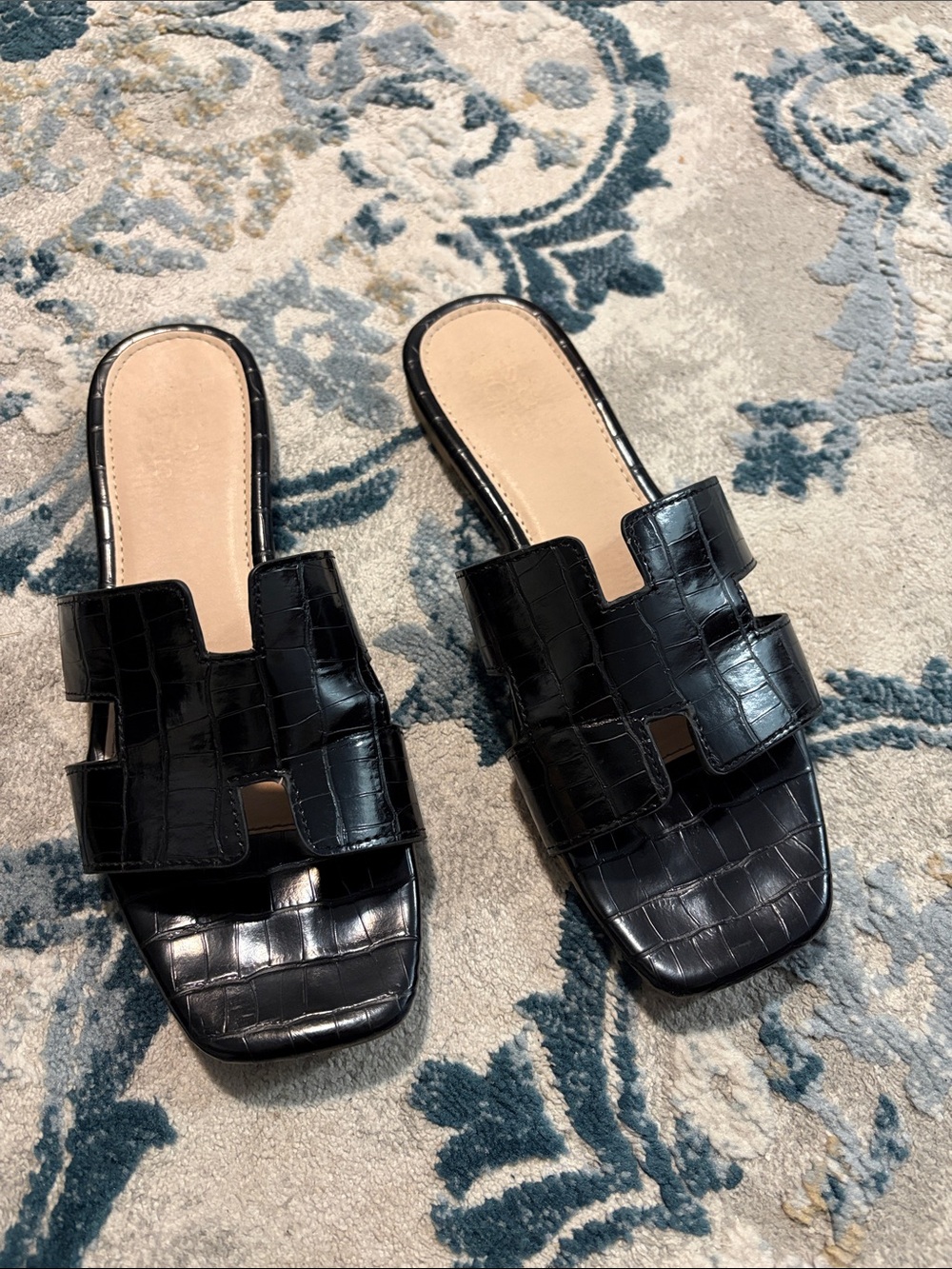 Croc-Embossed Black Slide Mules with Square Toe